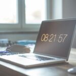 Remotas com salário até R$ 16.000 (CLT) A serene workspace featuring a laptop with digital time display, perfect for productivity and focus.