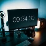 Remotas com salário até R$ 12.000 (CLT) A sleek desk setup featuring a large monitor with a digital clock and ambient lighting.