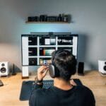 Vagas Remotas na Stefanini, com VA/VR de R$ 700,00 Cozy and organized home office workspace featuring a desktop computer, headphones, and creative decor.